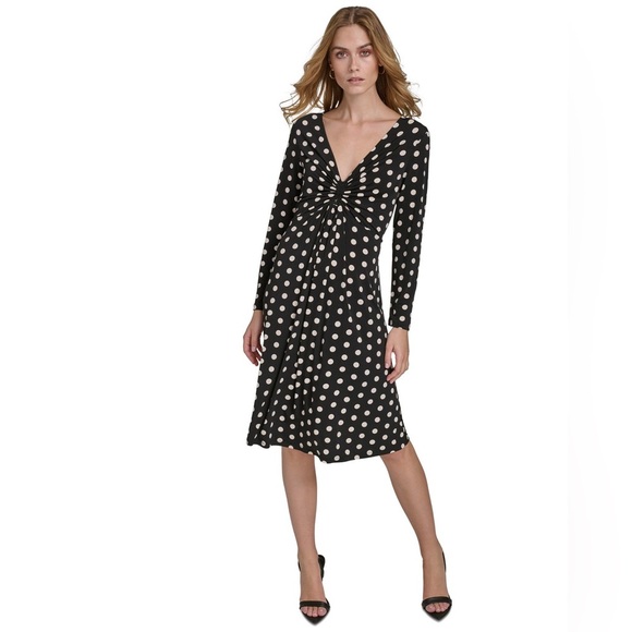 Halston Women's Polka-Dot Long-Sleeve Midi Dress/size L - Picture 2 of 10